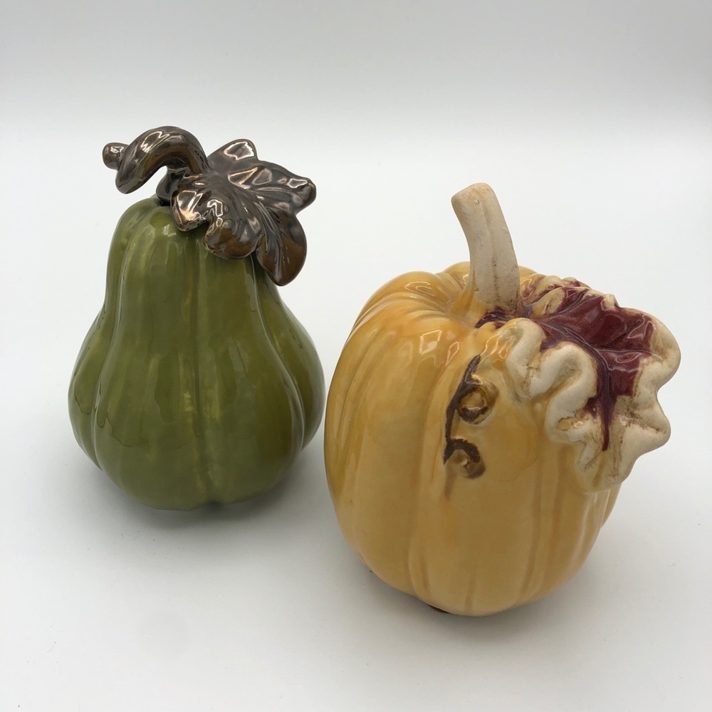 Fall Decor Ceramic Pumpkin Set of 2 Orange Green